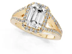 Emerald Cut Diamond Halo Split Shank Pavé Ring Set in Yellow gold with Prong Setting