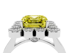 Fancy Yellow Asscher Cut Diamond Cluster Halo Ring Set in White gold with Milgrain Bezel Accents and Plain Band