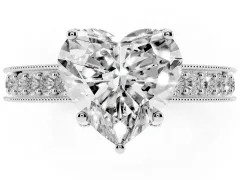 Heart Cut Diamond Solitaire Ring Set in Platinum with Milgrain-Edged Pavé Band and Prong Setting