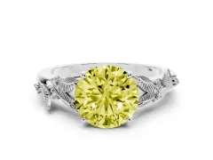 Fancy Yellow Round Cut Diamond Solitaire Ring Set in White gold with Leaf Motif Band