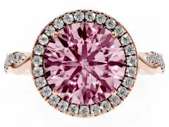 Fancy Pink Round Cut Diamond Halo Twist Band Solitaire Ring Set in Rose gold with Prong Setting