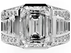 Emerald Cut Diamond Mens Ring Set in Silver with Baguette and Round Side Stones