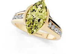 Fancy Yellow Marquise Cut Diamond Bezel-Set Solitaire Ring Set in Yellow gold with Channel-Set Band