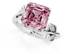 Fancy Pink Asscher Cut Diamond Solitaire Twist Engagement Ring Set in White gold with Pavé Leaf Accents