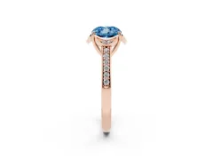 Fancy Blue Cushion Cut Diamond Halo Ring Set in Rose gold with Channel Set Band and Prong Setting