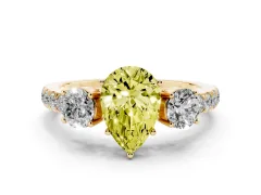 Fancy Yellow Pear Cut Diamond Three-Stone Ring Set in Yellow gold with Round Side Stones and Delicate Pavé Band