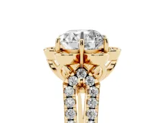 Round Cut Diamond Floral Halo Split Shank Engagement Ring Set in Yellow gold with Pavé Shank