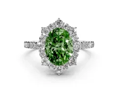 Fancy Green Oval Cut Diamond Halo Ring Set in White gold with Pavé Band and Prong Setting