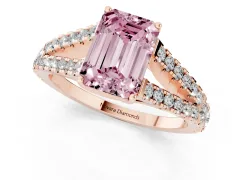 Fancy Pink Emerald Cut Diamond Split Shank Pavé Engagement Ring Set in Rose gold with Prong-Held Center Stone