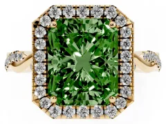 Fancy Green Radiant Cut Diamond Halo Twist Band Solitaire Ring Set in Yellow gold with Prong Setting