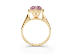 Fancy Pink Heart Cut Diamond Halo Solitaire Engagement Ring Set in Yellow gold with Square Band and Prong Setting