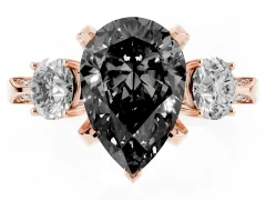 Fancy Black Pear Cut Diamond Three-Stone Ring Set in Rose gold with Pavé Band and Smaller Side Stones