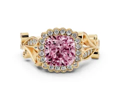 Fancy Pink Cushion Cut Diamond Halo Ring Set in Yellow gold with Leaf Motif Split Shank and Prong Setting