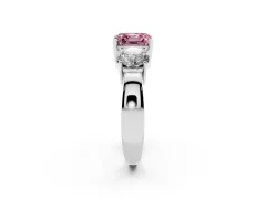 Fancy Pink Asscher Cut Diamond Three-Stone Ring Set in Silver with Round Side Stones and Classic Band