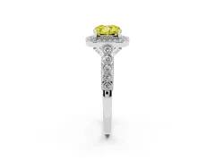 Fancy Yellow Cushion Cut Diamond Milgrain Halo Solitaire Ring Set in Silver with Bezel Set Side Stones and Pavé Band