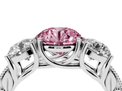 Fancy Pink Round Cut Diamond Three-Stone Engagement Ring Set in Silver with Milgrain Pavé Band