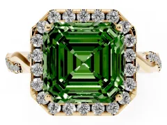 Fancy Green Asscher Cut Diamond Halo Twist Band Solitaire Ring Set in Yellow gold with Prong Setting