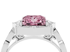 Fancy Pink Princess Cut Diamond Halo Engagement Ring Set in Platinum with Milgrain Band and Prong Setting