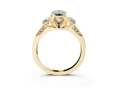 Fancy Pink Emerald Cut Diamond Three-Stone Ring Set in Yellow gold with Pavé Band and Smaller Side Stones