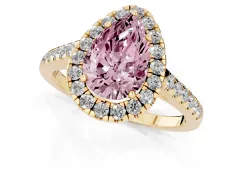 Fancy Pink Pear Cut Diamond Halo Pavé Engagement Ring Set in Yellow gold with Prong Setting