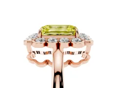 Fancy Yellow Emerald Cut Diamond Halo Cluster Engagement Ring Set in Rose gold with Solitaire Band and Prong Setting