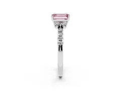 Fancy Pink Emerald Cut Diamond Three-Stone Pavé Ring Set in Platinum with Prong Setting