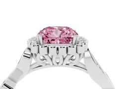 Fancy Pink Cushion Cut Diamond Halo Ring Set in Platinum with Leaf Motif Split Shank and Prong Setting