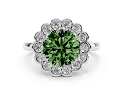 Fancy Green Round Cut Diamond Halo Cluster Engagement Ring Set in Silver with Solitaire Band and Prong Setting