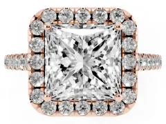 Princess Cut Diamond Pavé Halo Engagement Ring Set in Rose gold with Pavé Band and Prong Setting