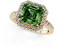 Fancy Green Asscher Cut Diamond Halo Ring Set in Yellow gold with Pavé Shoulders and Halo-Framed Center