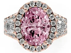 Fancy Pink Oval Cut Diamond Halo Split Shank Ring Set in Rose gold with Round Accent Stones and Prong Setting