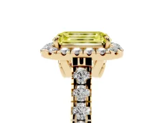 Fancy Yellow Emerald Cut Diamond Halo Engagement Ring Set in Yellow gold with Pavé Band and Prong-Set Center