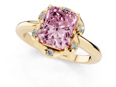 Fancy Pink Radiant Cut Diamond Round Cluster Halo Ring Set in Yellow gold with Solitaire Band and Prong Setting