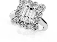 Emerald Cut Diamond Cluster Halo Ring Set in Platinum with Milgrain Bezel Accents and Plain Band