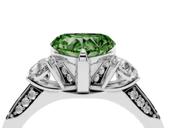 Fancy Green Heart Cut Diamond Three-Stone Ring Set in Platinum with Pavé Band and Smaller Side Stones