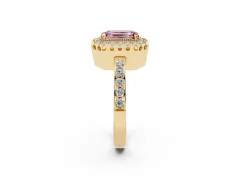 Fancy Pink Emerald Cut Diamond Halo Ring Set in Yellow gold with Pavé Shank and Prong Setting
