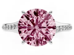 Fancy Pink Round Cut Diamond Solitaire Ring Set in Platinum with Pavé Accent Band and Classic Prong Setting
