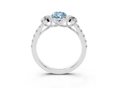 Fancy Blue Pear Cut Diamond Three-Stone Ring Set in White gold with Round Side Stones and Delicate Pavé Band