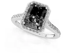 Fancy Black Radiant Cut Diamond Halo Engagement Ring Set in Silver with Round Pavé Shoulders and Heart Gallery