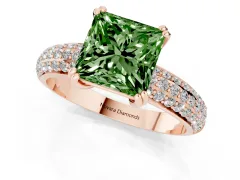 Fancy Green Princess Cut Diamond Solitaire Ring Set in Rose gold with Multi-Row Round Pavé Band and Prong Setting