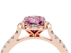 Fancy Pink Radiant Cut Diamond Solitaire Ring Set in Rose gold with Pavé Band and Floral Prong Setting