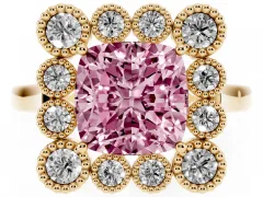 Fancy Pink Cushion Cut Diamond Cluster Halo Ring Set in Yellow gold with Milgrain Bezel Accents and Plain Band