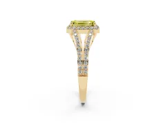 Fancy Yellow Emerald Cut Diamond Halo Split Shank Pavé Ring Set in Yellow gold with Prong Setting