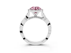 Fancy Pink Round Cut Diamond Halo Twist Band Solitaire Ring Set in White gold with Prong Setting