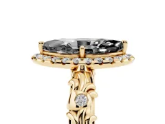 Fancy Black Marquise Cut Diamond Halo Ring Set in Yellow gold with Filigree Leaf Band and Prong Setting