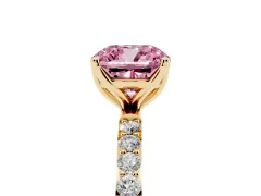 Fancy Pink Cushion Cut Diamond Solitaire Engagement Ring Set in Yellow gold with Round Pavé Band and Prong Setting