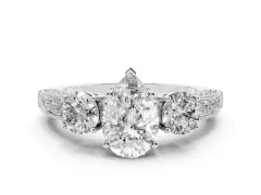Pear Cut Diamond Three-Stone Ring Set in Silver with Round Side Stones and Pavé Band