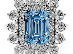Fancy Blue Emerald Cut Diamond Floral Double Halo Ring Set in Silver with Round Petals