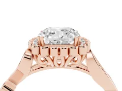 Cushion Cut Diamond Halo Ring Set in Rose gold with Leaf Motif Split Shank and Prong Setting