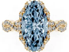 Fancy Blue Marquise Cut Diamond Halo Twist Band Solitaire Ring Set in Yellow gold with Prong-Set Center Stone